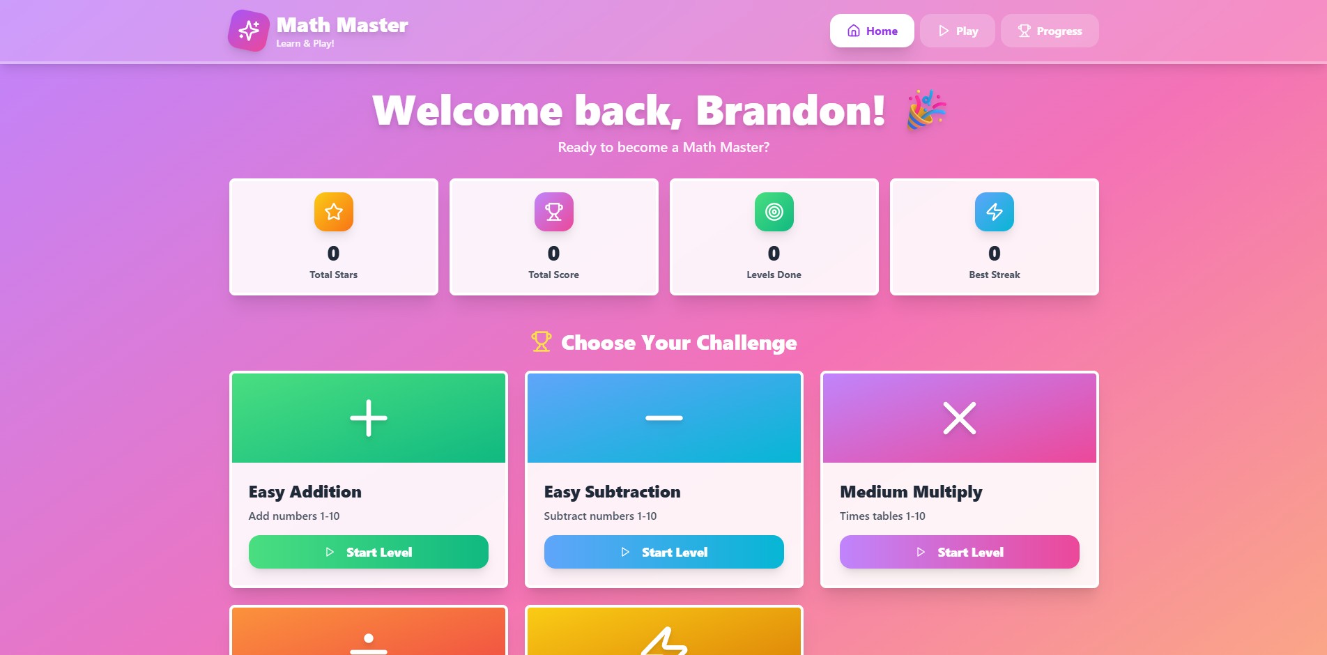 Screenshot of Math Master dashboard showing user progress, challenges, and colorful math levels.